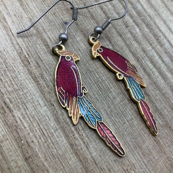 Cloisonne Parrot Vintage Multi Colored Gold Tone Dangling Earrings - Picture 4 of 6